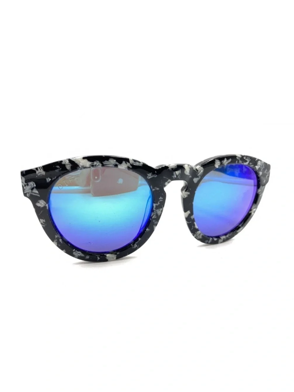 Diff Eyewear Dime II Black White Round Horn Sunglasses Mirrored Blue Brown Lens